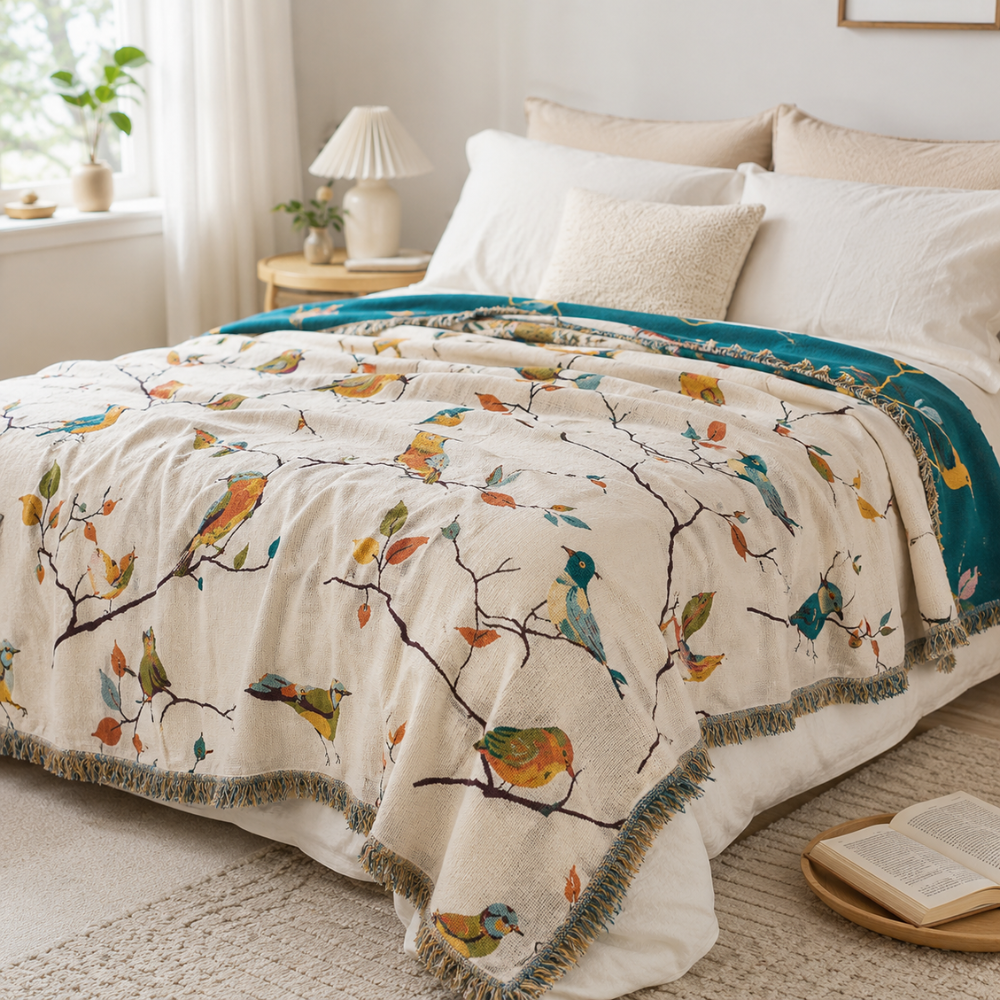 Boho Wolldecke Baumwolle – Weiche Überwurfdecke mit Vogelmuster und Fransen für Sofa, Bett & Wohnzimmer