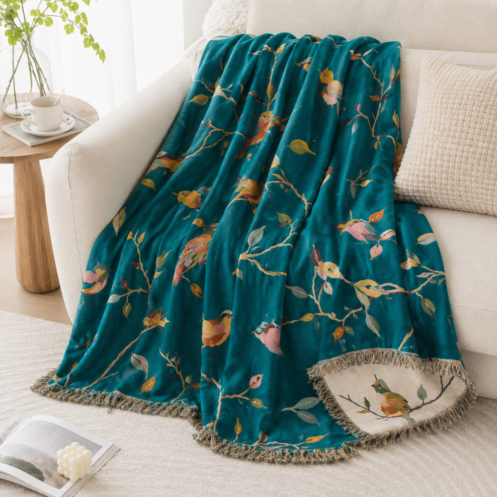 Boho Wolldecke Baumwolle – Weiche Überwurfdecke mit Vogelmuster und Fransen für Sofa, Bett & Wohnzimmer