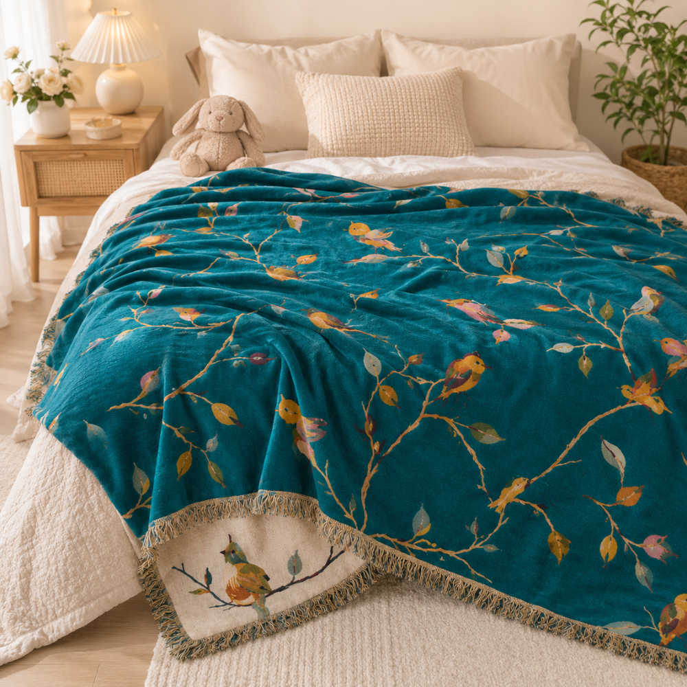 Boho Wolldecke Baumwolle – Weiche Überwurfdecke mit Vogelmuster und Fransen für Sofa, Bett & Wohnzimmer