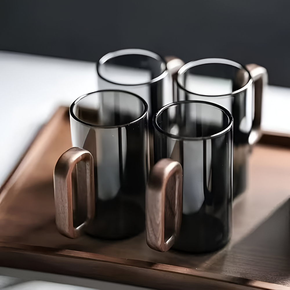 6er Set Borosilikatglas Tassen mit Holzgriff (350ml) – Hitzebeständig