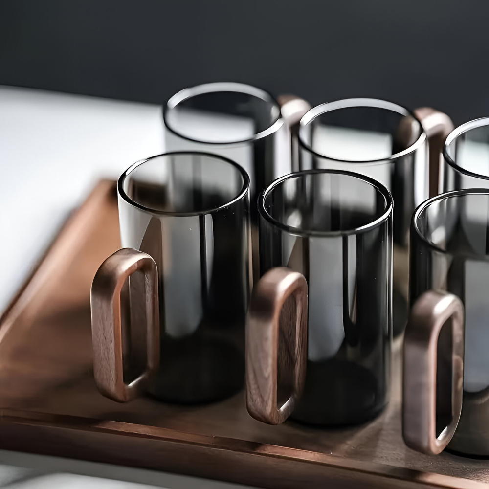 6er Set Borosilikatglas Tassen mit Holzgriff (350ml) – Hitzebeständig