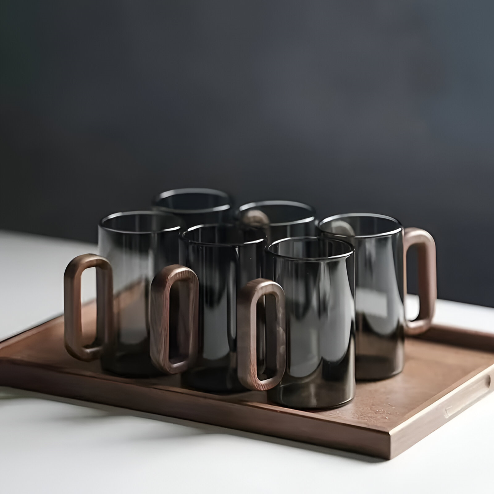 6er Set Borosilikatglas Tassen mit Holzgriff (350ml) – Hitzebeständig