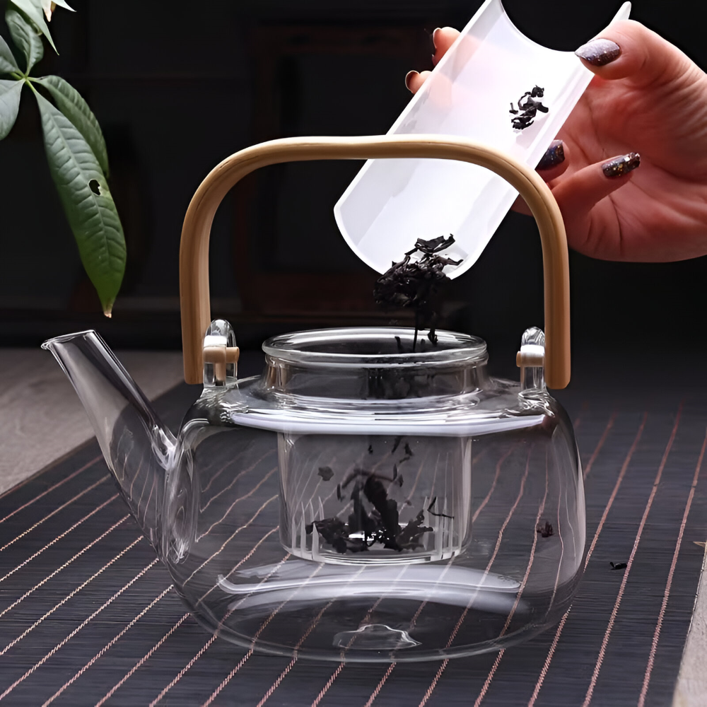 Borosilikatglas Teekanne 900ml – Hitzebeständig mit Bambusgriff & Teesieb