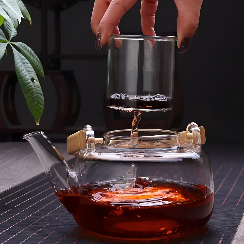 Borosilikatglas Teekanne 900ml – Hitzebeständig mit Bambusgriff & Teesieb