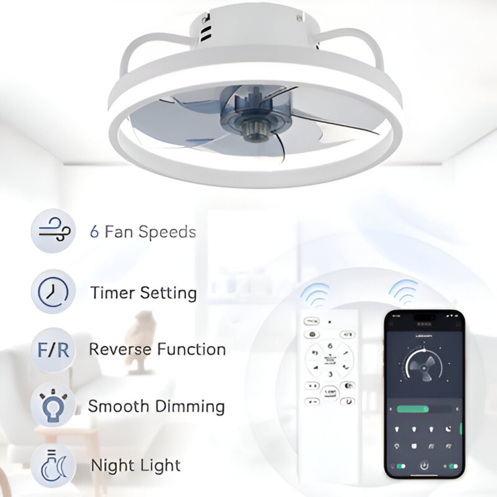 Intelligenter Deckenventilator mit dimmbarer LED-Lampe – Schwarz/Weiß – Ø 33 cm – mit Fernbedienung und App