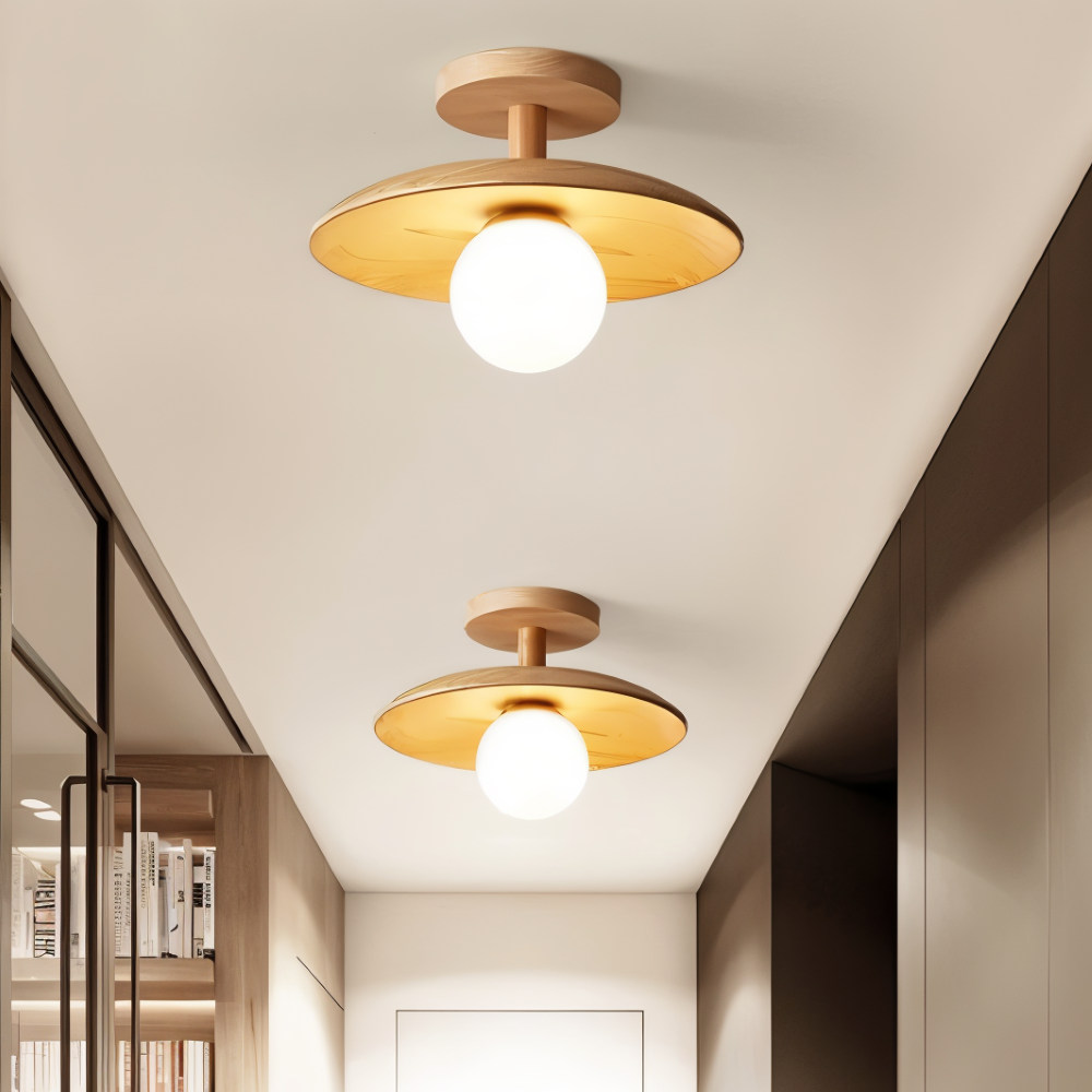 CentraOrb Holz Deckenleuchte - Halbbündige Lampe mit Integriertem LED Licht
