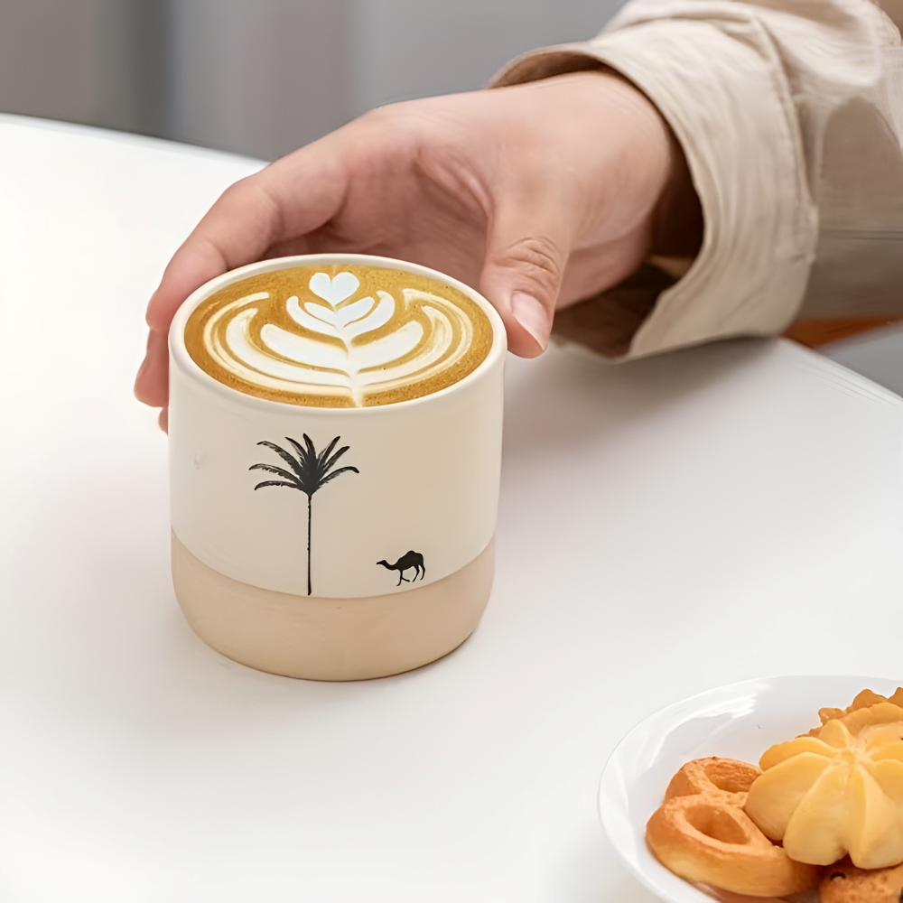 Keramik Kaffeetassen Set mit Palmenmuster – 4tlg. Espresso Tassen – Kleine Kaffebecher für Espresso & Tee