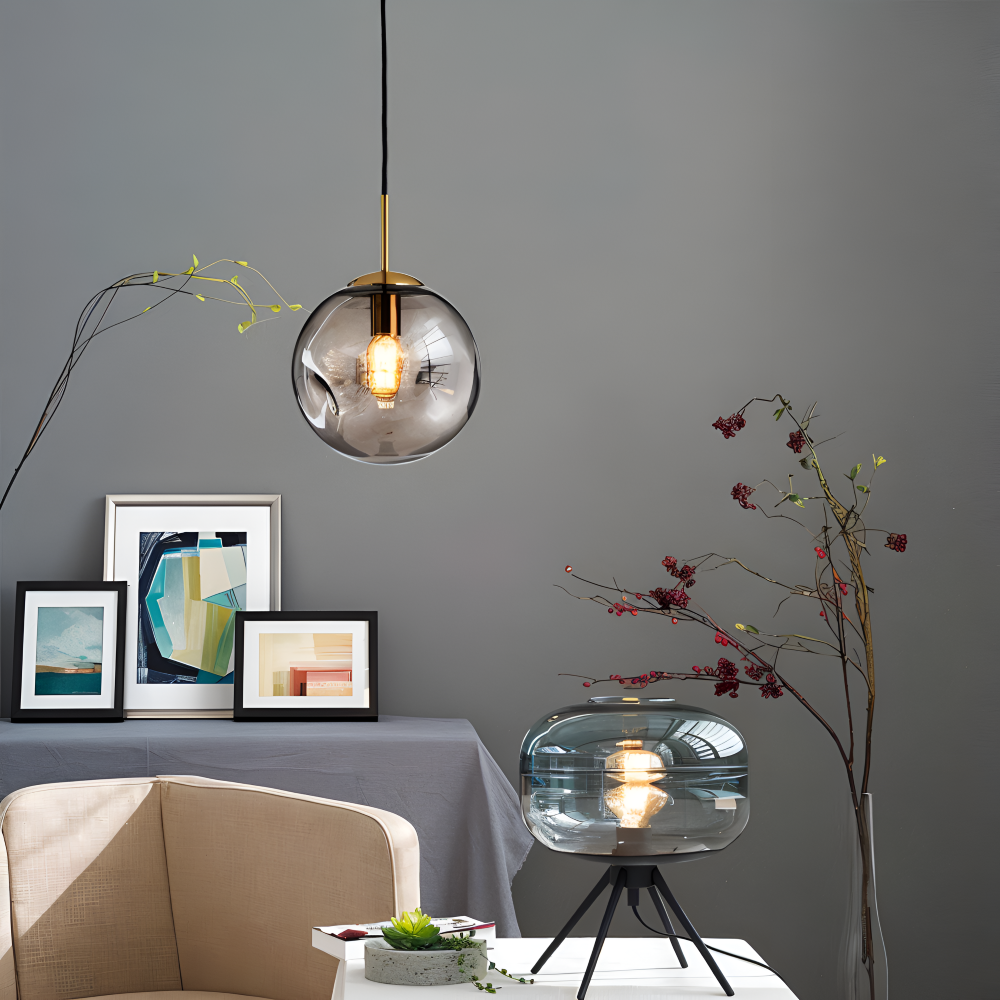 ChroDent Pendelleuchte - Runde Champagner Grau Glas LED Pendelleuchte - Vintage Wabi Sabi Beleuchtung