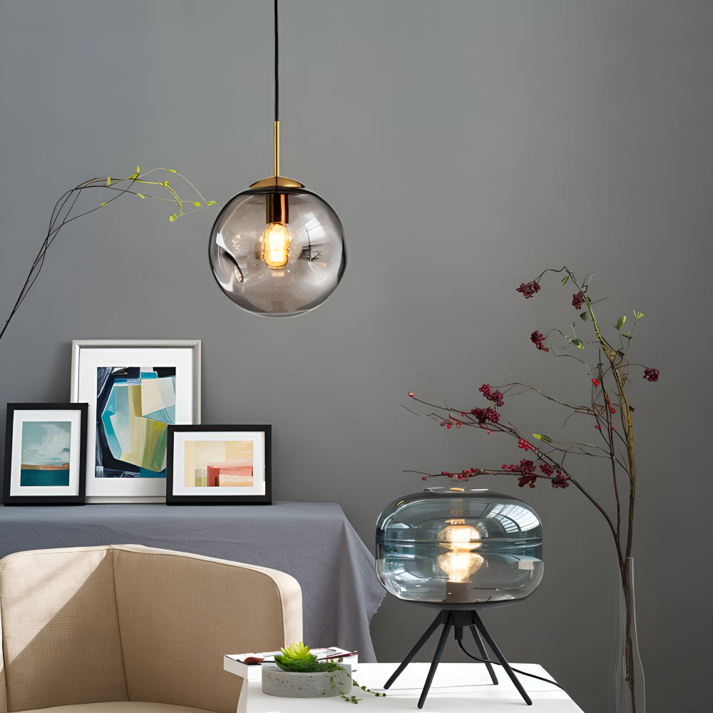 ChroDent Pendelleuchte - Runde Champagner Grau Glas LED Pendelleuchte - Vintage Wabi Sabi Beleuchtung