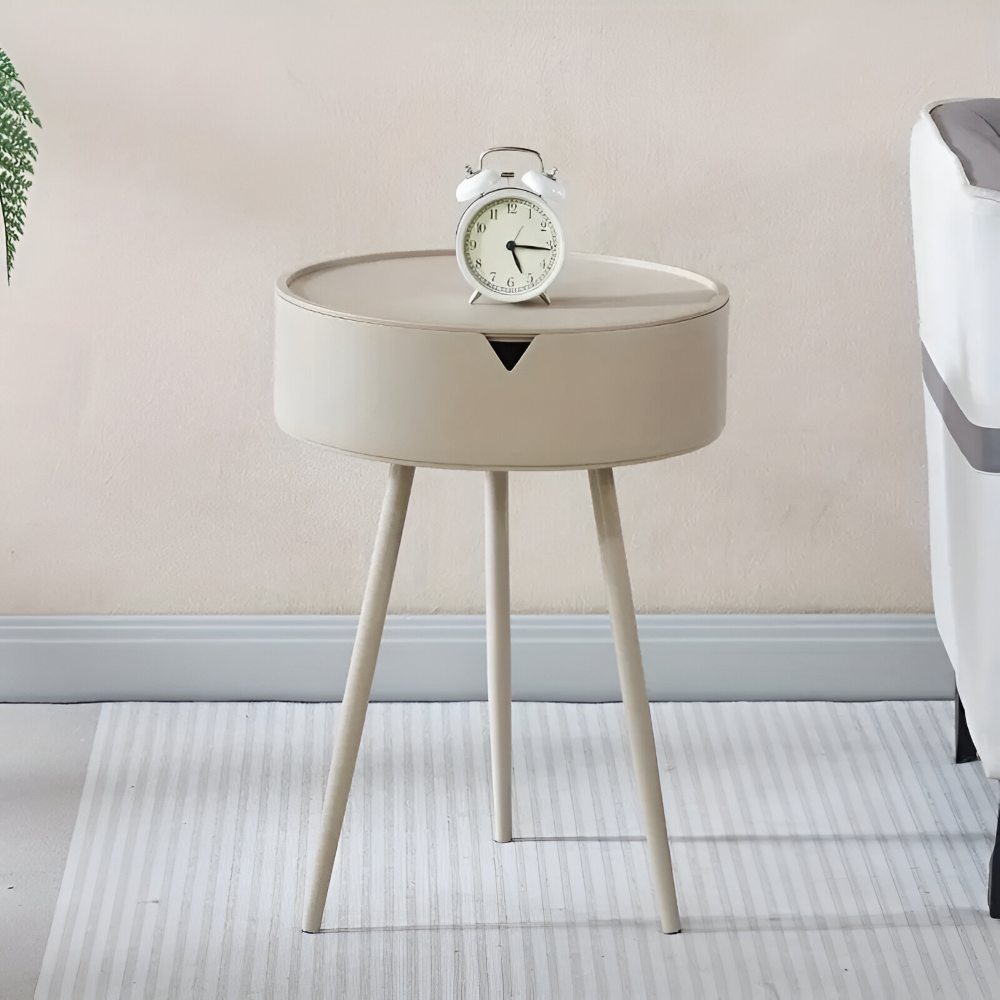 Zeitgenössischer Cremefarbener Runder Beistelltisch mit Stauraum - Stilvolles Sockeldesign, Tisch mit Metallic Rahmen