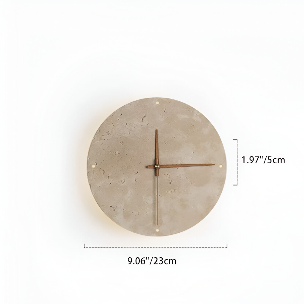 Zeitgenössische Runde LED-Wanduhr - Moderne Wanduhr mit gelbem Travertin- und Holzdesign für die Wohnraumdekoration