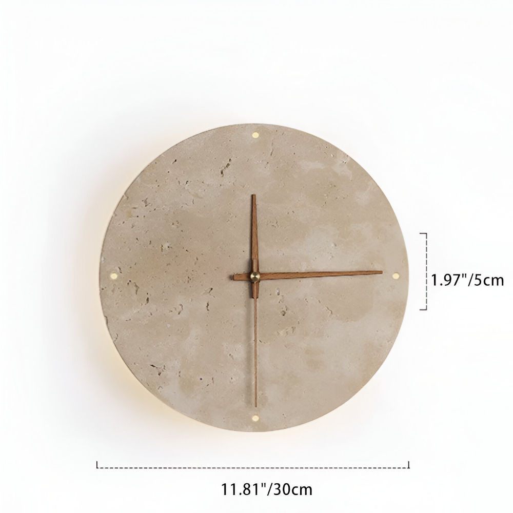 Zeitgenössische Runde LED-Wanduhr - Moderne Wanduhr mit gelbem Travertin- und Holzdesign für die Wohnraumdekoration