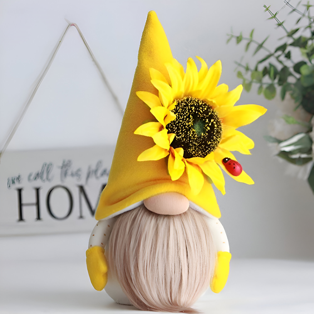 Niedliche Gnome - Figur mit gelber Sonnenblume - Weiches Plüsch-Schreibtischornament für die Wohnkultur und einzigartige Geschenkidee