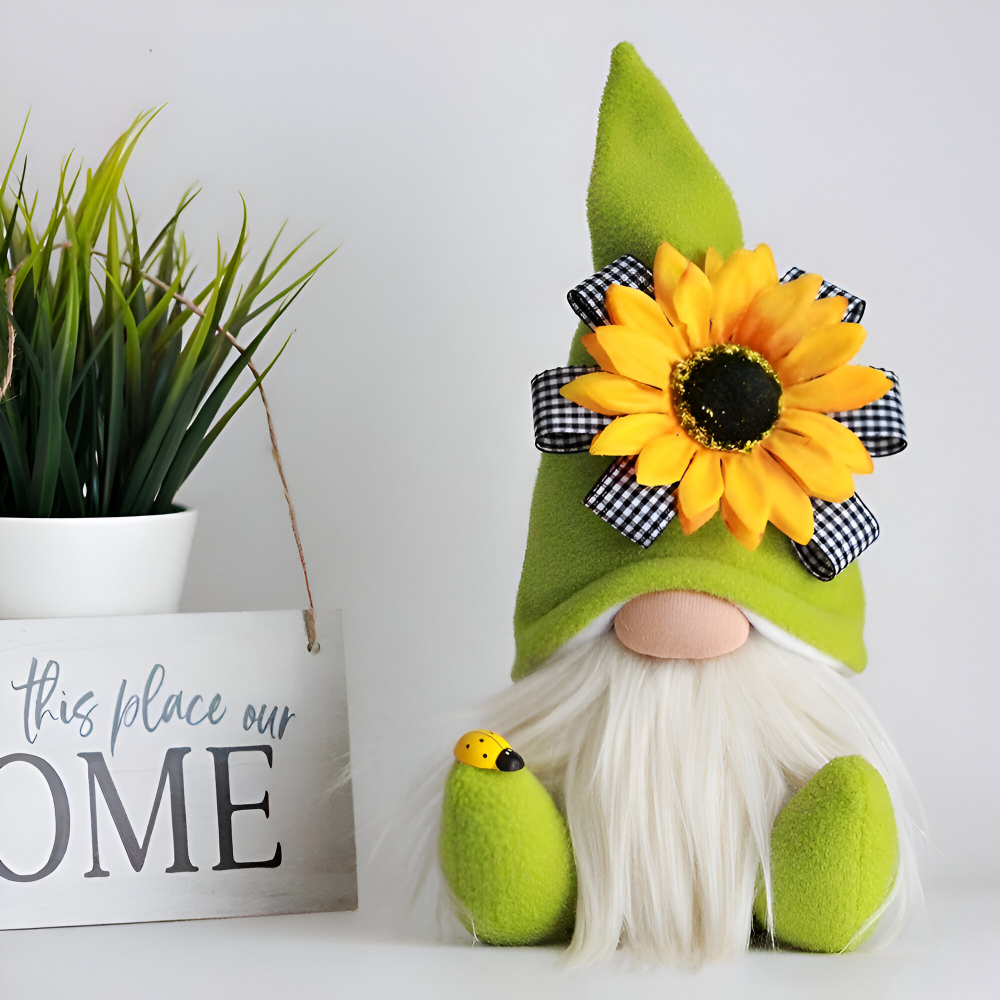 Niedliche Gnome - Figur mit gelber Sonnenblume - Weiches Plüsch-Schreibtischornament für die Wohnkultur und einzigartige Geschenkidee