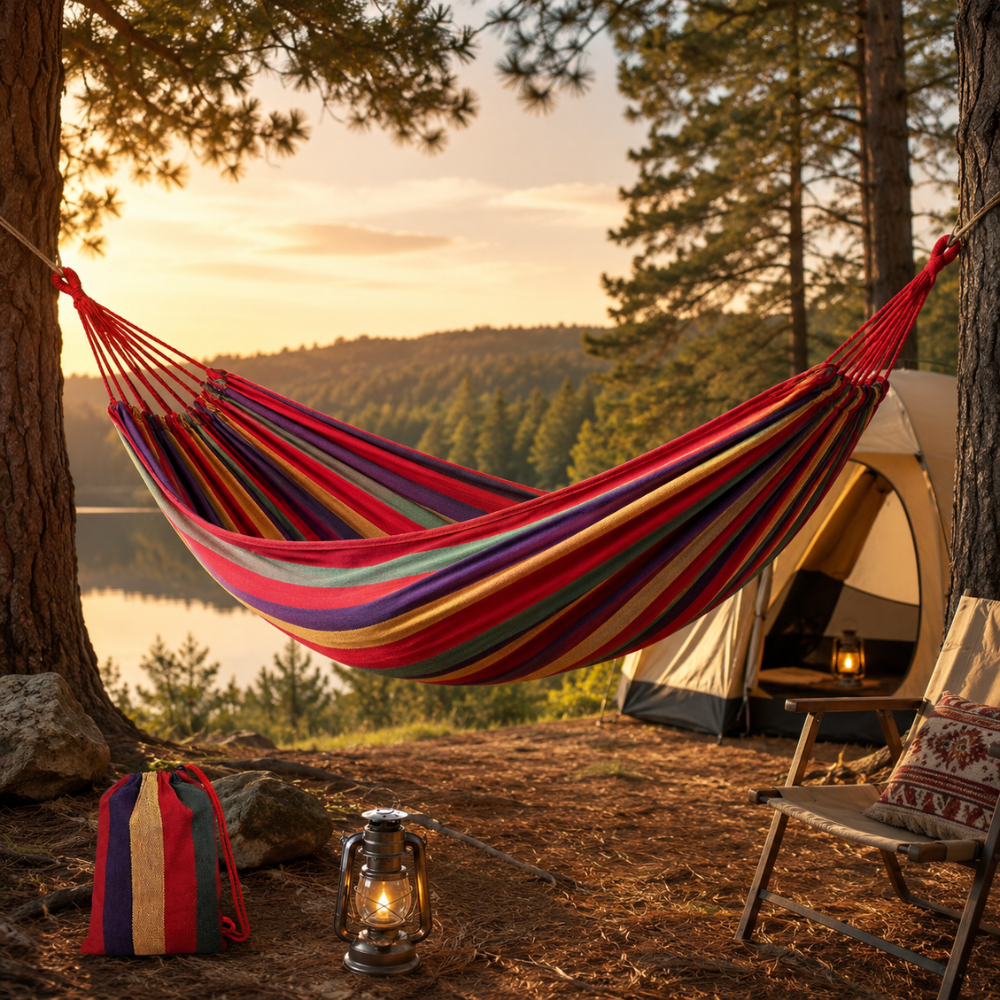 Doppel Hängematte für 2 Personen – Baumwoll Canvas Hängematte mit Befestigungsseilen für Garten, Terrasse & Outdoor