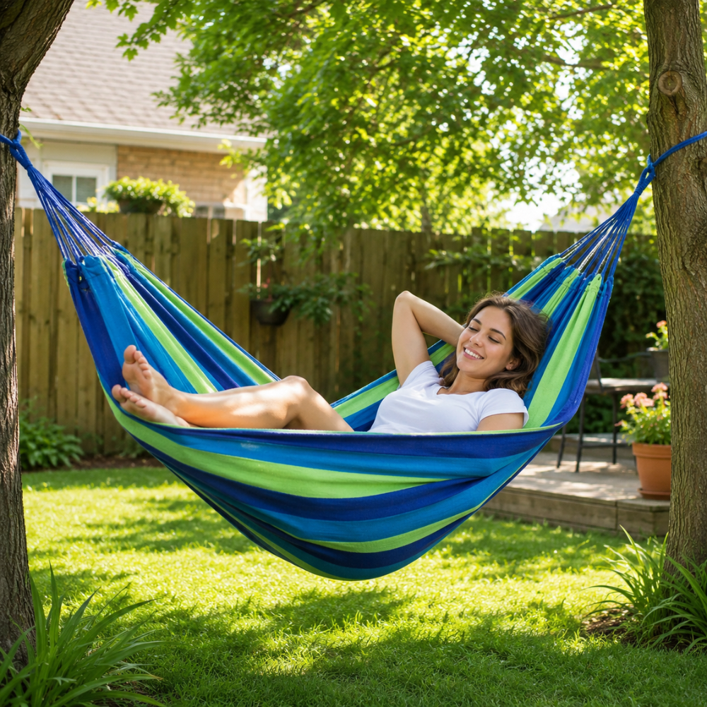 Doppel Hängematte für 2 Personen – Baumwoll Canvas Hängematte mit Befestigungsseilen für Garten, Terrasse & Outdoor