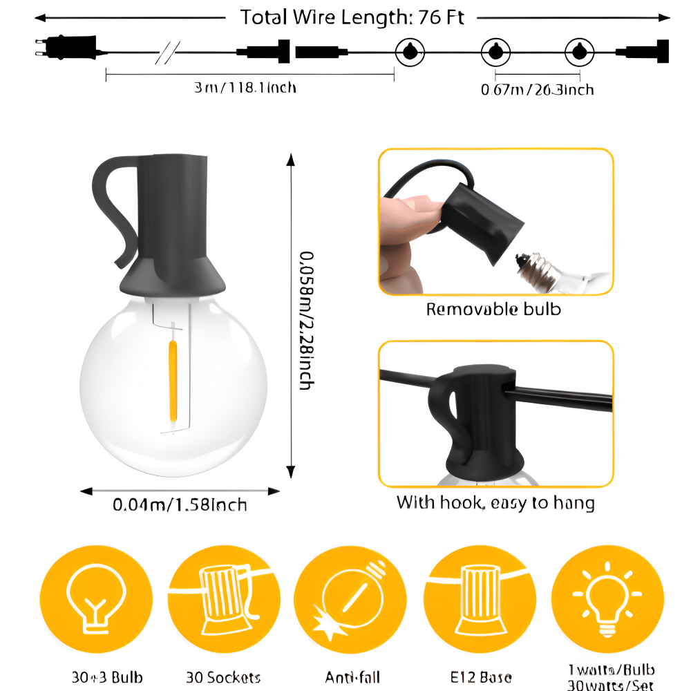 ElectriBulb Lichterkette - G40 Globe Außenbeleuchtung - IP44 & Bruchsichere Gartenbeleuchtung