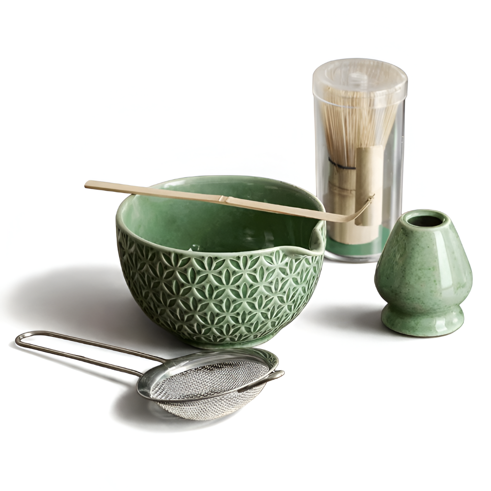Elegantes Matcha Tee Set Grün - Japanisches Teezeremonie Set aus Keramik & Bambus – Matcha Schale (500ml), Besen & Sieb, 5/6-teilig