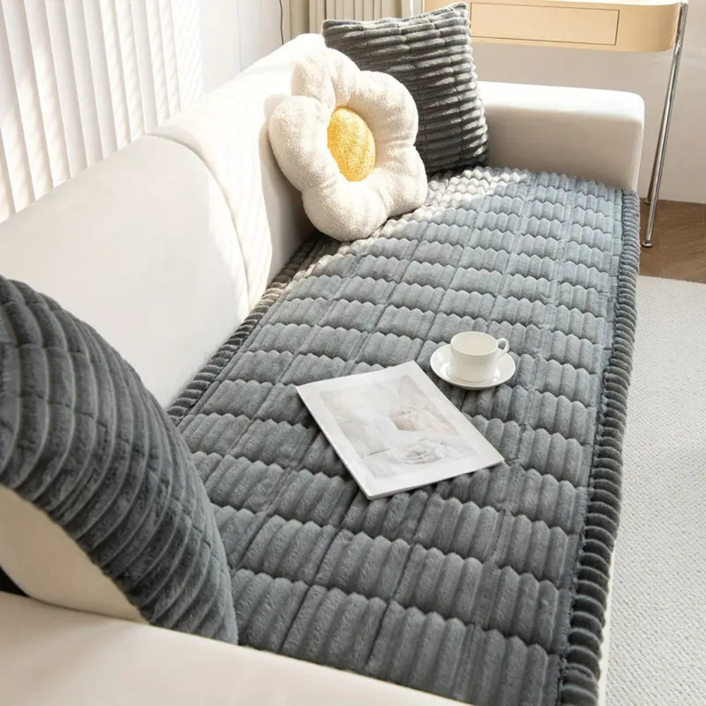 Eleganter Plüsch Sofabezug - Dicke Flanell-Mischung mit Plissierten Kanten für Wohnzimmer Decor 0