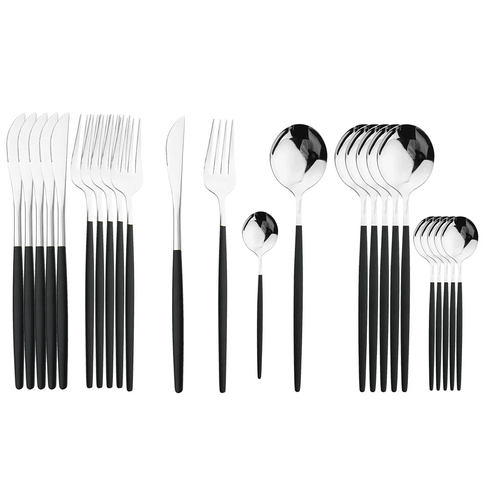 Elegantes 24-teiliges Besteck Set - Goldenes Edelstahl mit Schwarzgriffen für stilvolle Tischdekoration 9