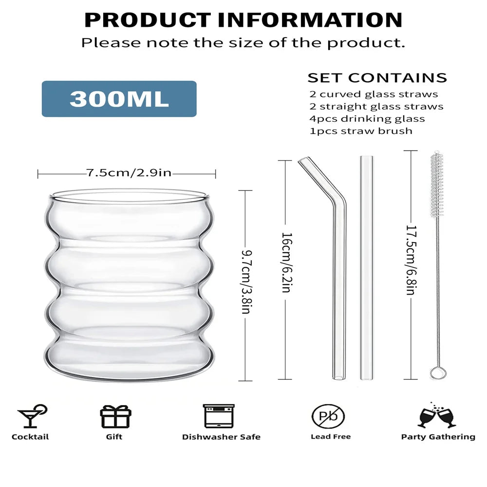 Elegantes 4-Teiliges Set Glasbecher - Klare Gerippte Trinkgläser mit Strohhalmen für Cocktails und Obst 5