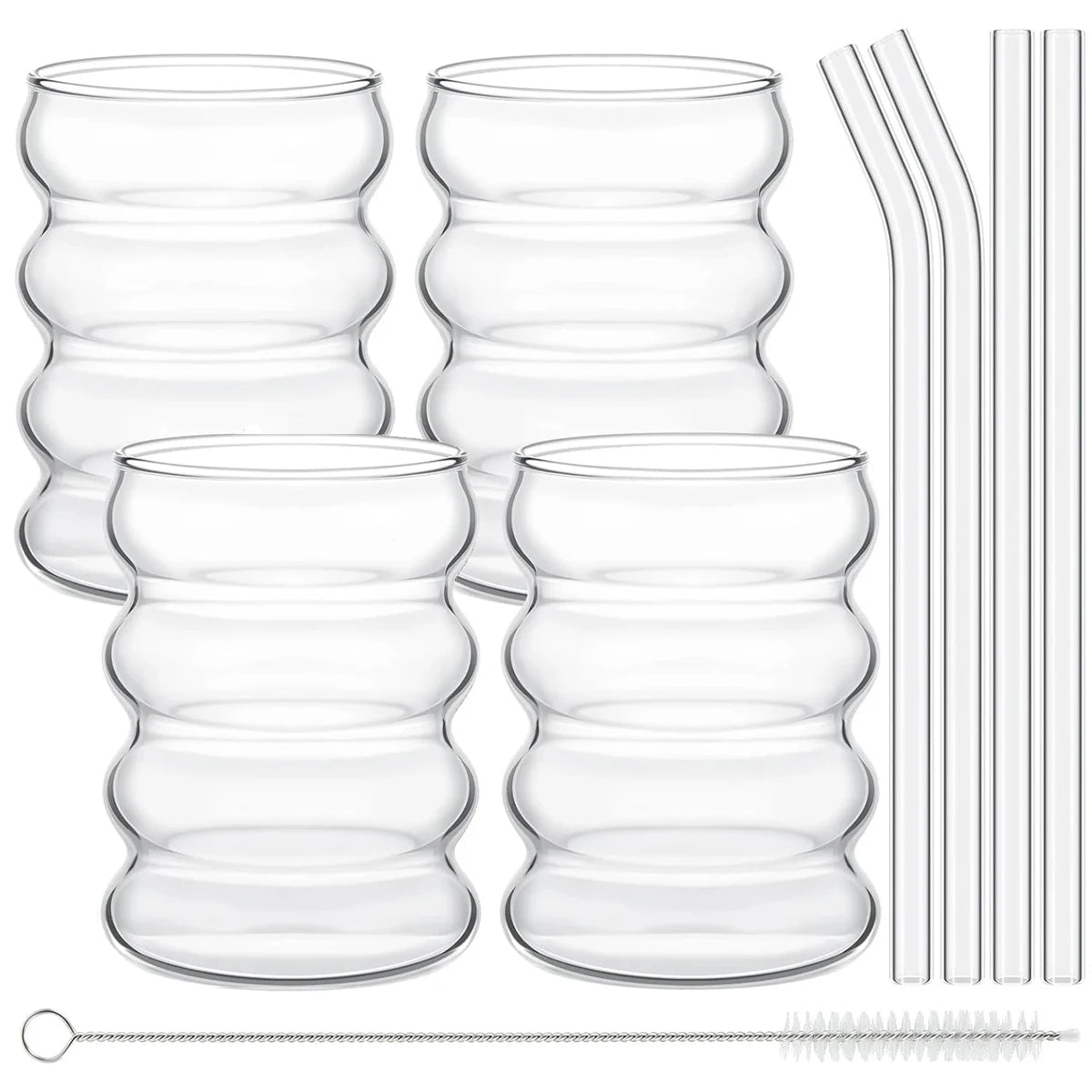 Elegantes 4-Teiliges Set Glasbecher - Klare Gerippte Trinkgläser mit Strohhalmen für Cocktails und Obst 6