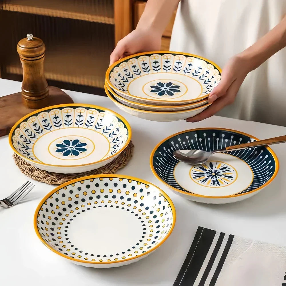 Elegantes Handbemaltes Tellerset - 4er-Set Porzellan in Marineblau mit Golddetails 4