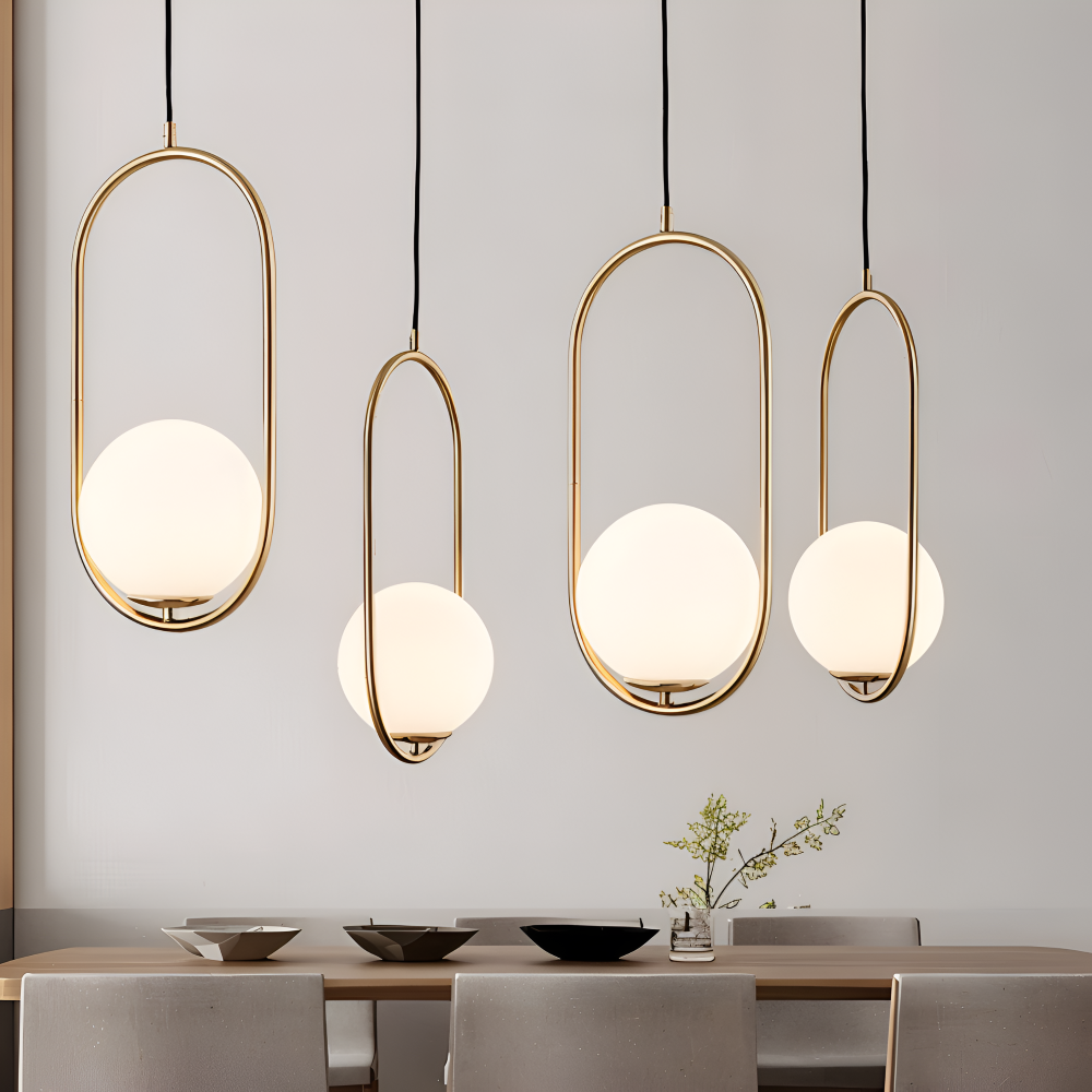 EllipsRing Pendelleuchte - Moderne Goldene Ellipse Ring Glaskugel LED Hängelampe