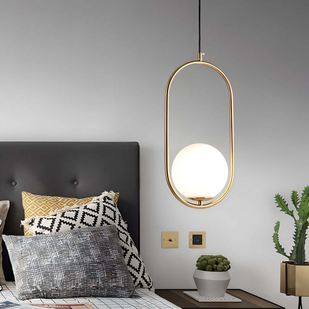 EllipsRing Pendelleuchte - Moderne Goldene Ellipse Ring Glaskugel LED Hängelampe