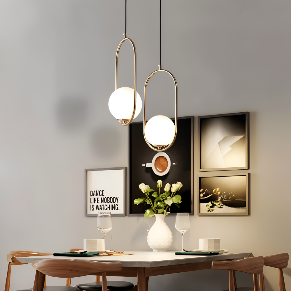 EllipsRing Pendelleuchte - Moderne Goldene Ellipse Ring Glaskugel LED Hängelampe