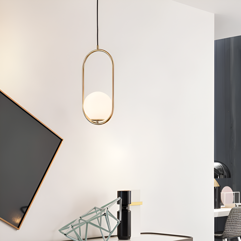 EllipsRing Pendelleuchte - Moderne Goldene Ellipse Ring Glaskugel LED Hängelampe