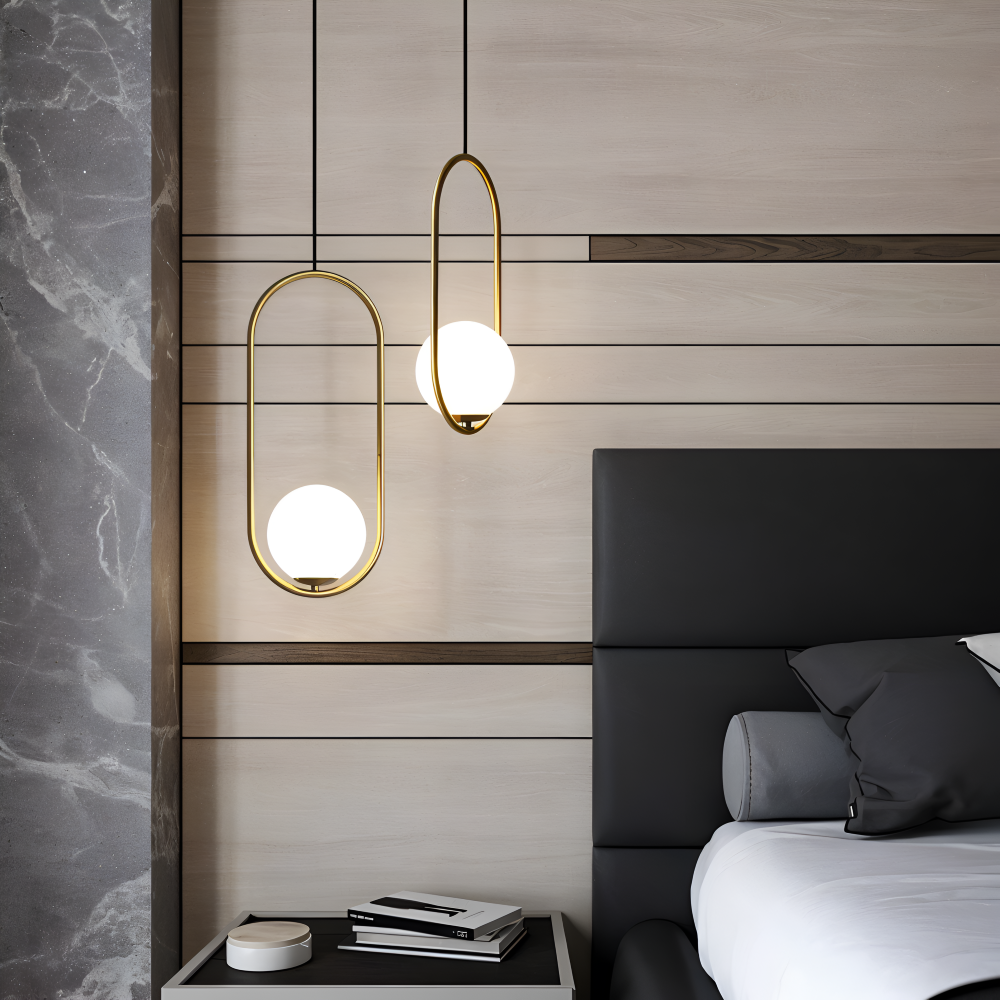 EllipsRing Pendelleuchte - Moderne Goldene Ellipse Ring Glaskugel LED Hängelampe