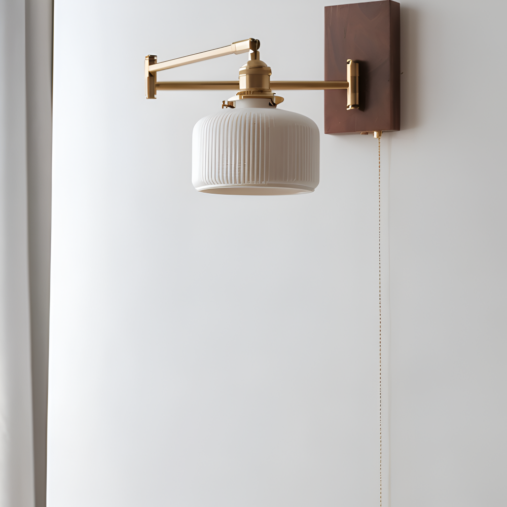 EzyGlow Wandleuchte - Stilvolle Keramische Gerippte Wandlampe - Verstellbare Wandleuchten LED mit Zugkettenschalter