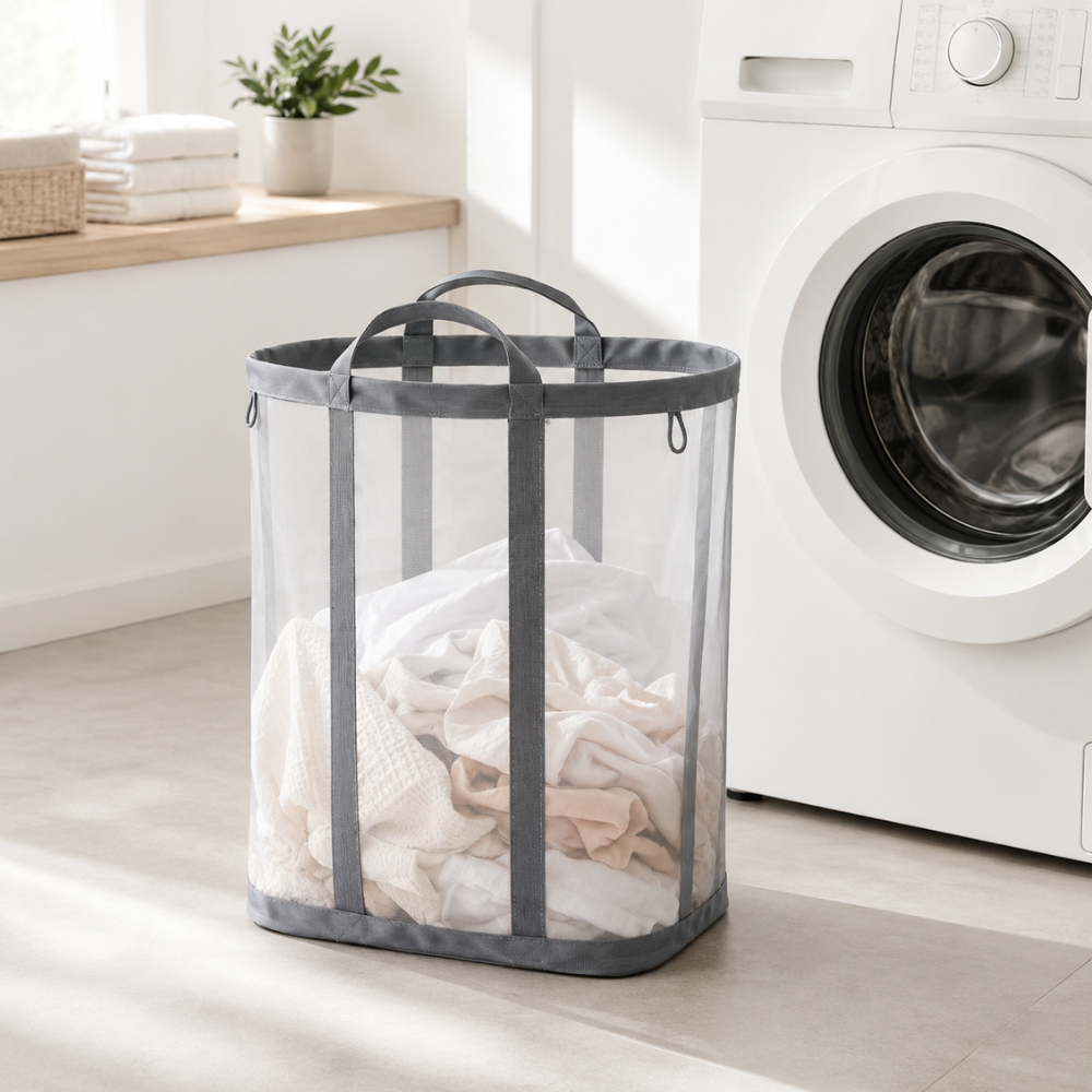 Faltbarer Wäschekorb aus Nylon Mesh – Leichter Wäschesammler mit Griffen für Bad, Schlafzimmer & Waschküche