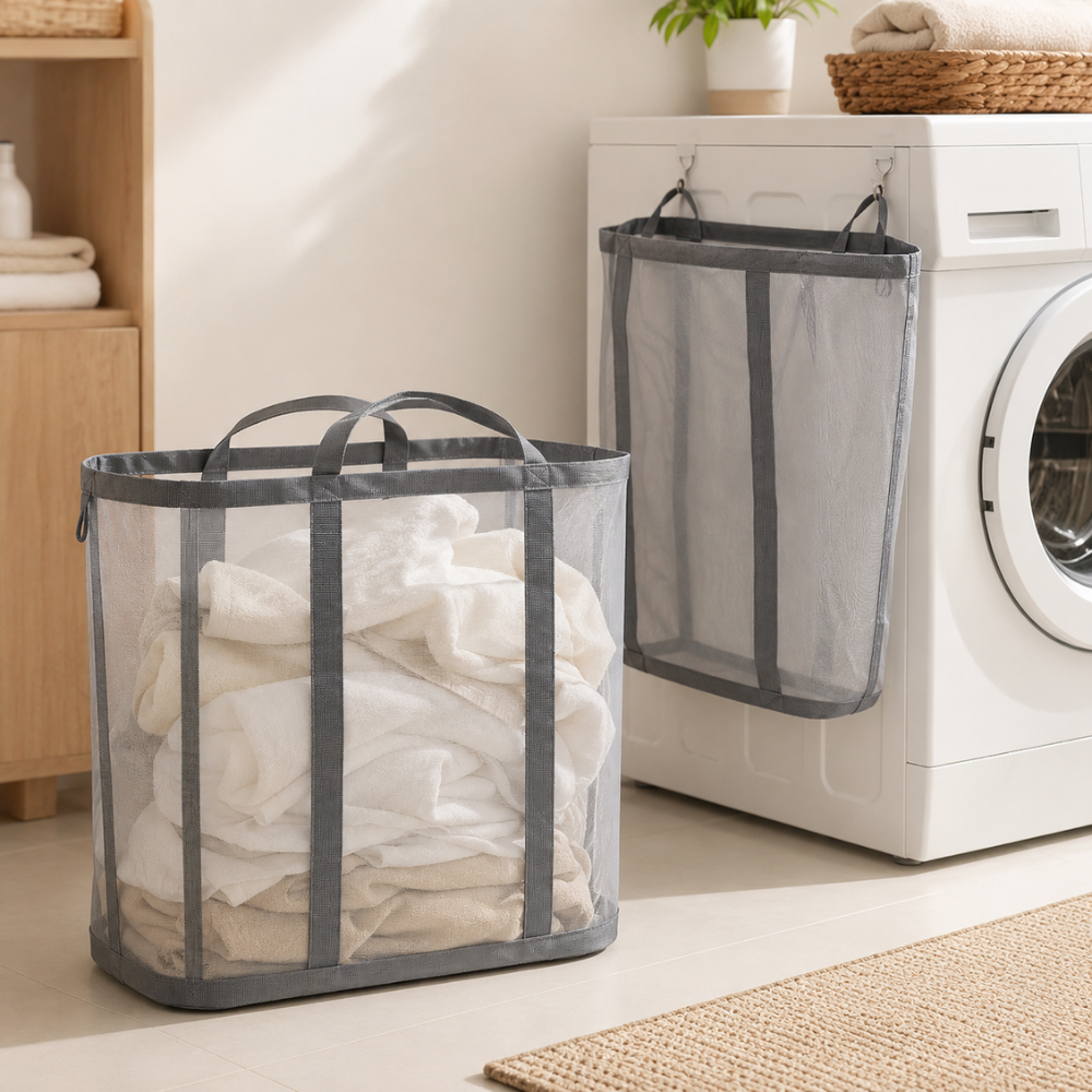 Faltbarer Wäschekorb aus Nylon Mesh – Leichter Wäschesammler mit Griffen für Bad, Schlafzimmer & Waschküche