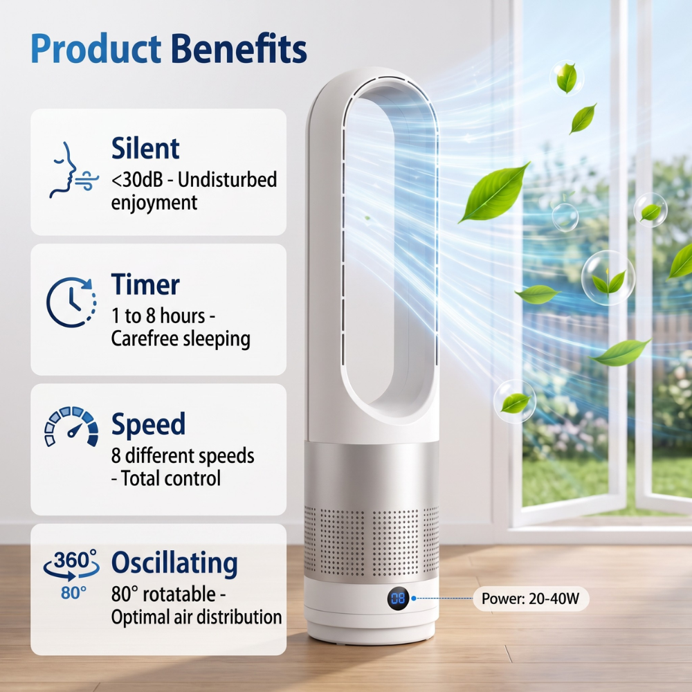 Flügelloser Ventilator mit Fernbedienung – Leiser Turmventilator mit bürstenlosem DC-Motor für Schlafzimmer & Wohnzimmer