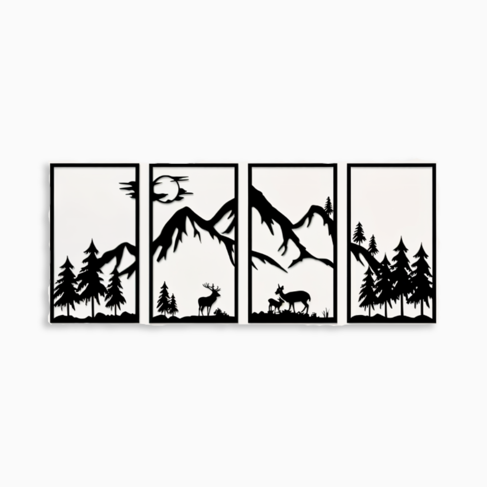 ForestPeaks Wanddekoration - 4 Stück Schwarze Metallwandkunst - Abstrakte Bergkunst