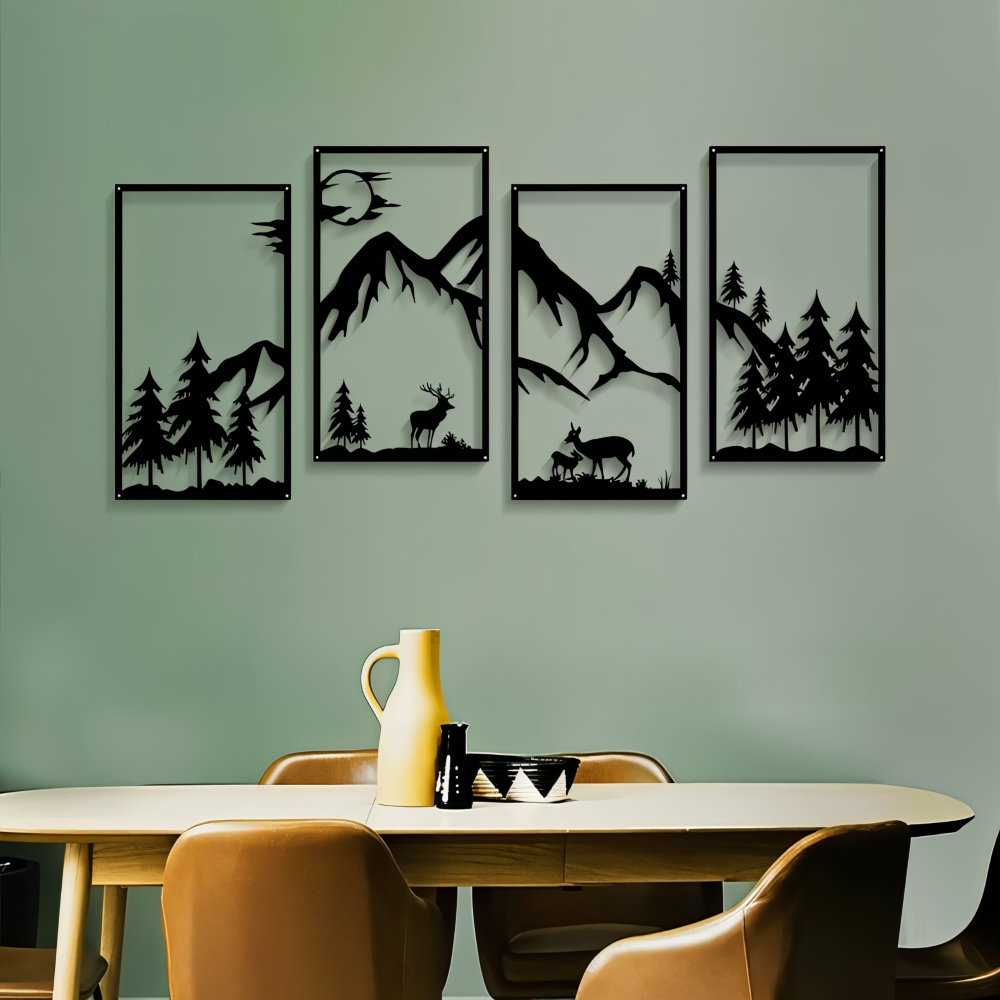 ForestPeaks Wanddekoration - 4 Stück Schwarze Metallwandkunst - Abstrakte Bergkunst