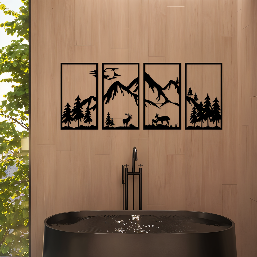 ForestPeaks Wanddekoration - 4 Stück Schwarze Metallwandkunst - Abstrakte Bergkunst