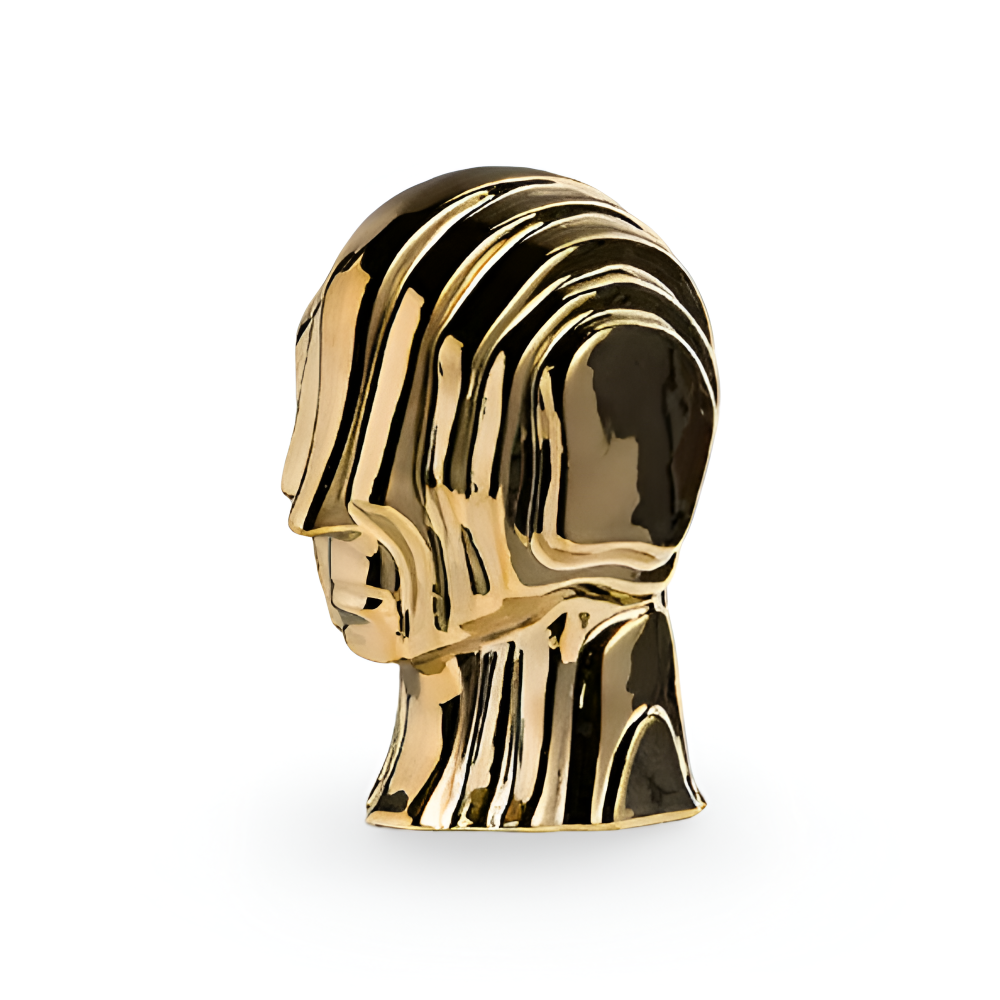 Galactic Guardian - Geometrische Kopffigur aus Keramik mit goldenem Fransenakzent