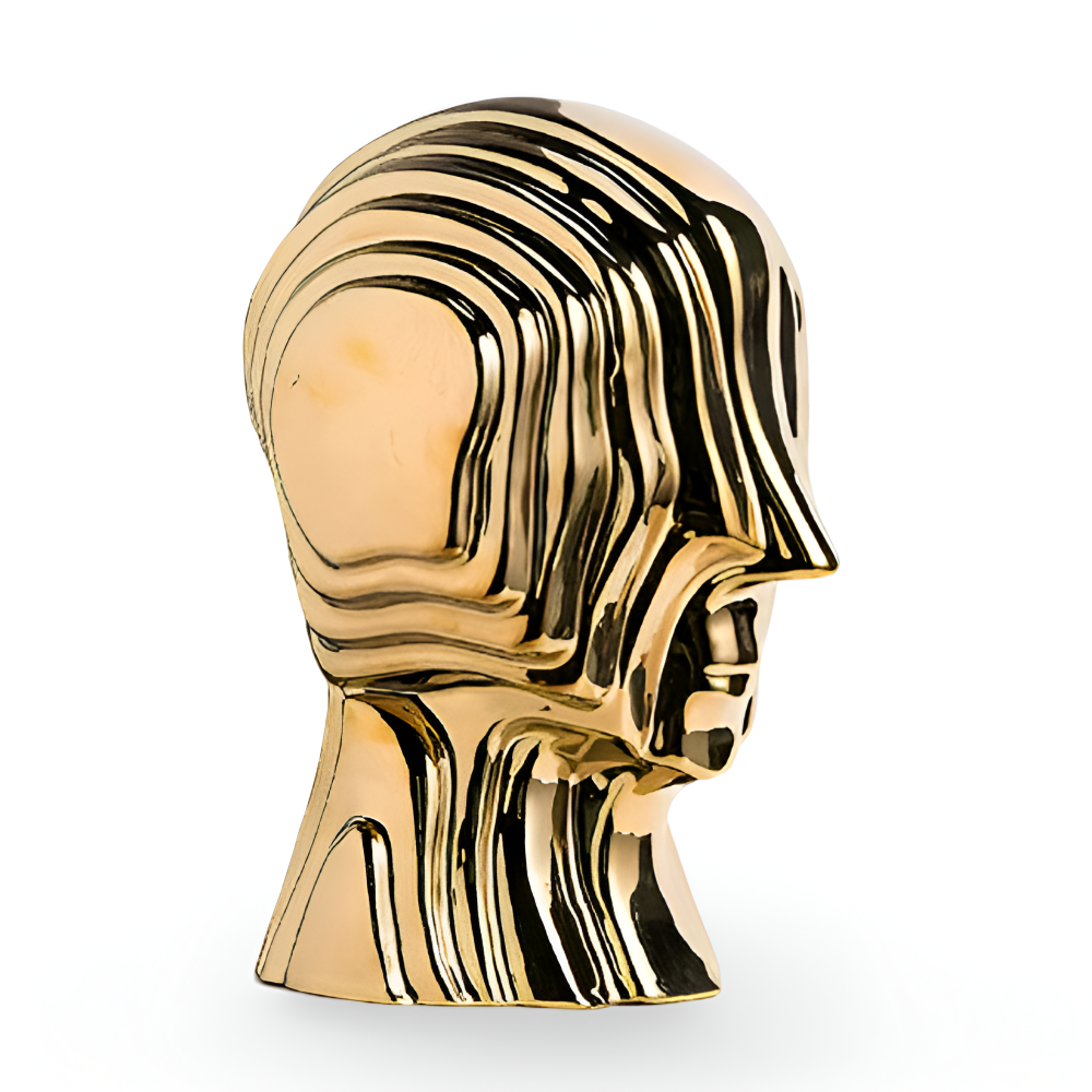 Galactic Guardian - Geometrische Kopffigur aus Keramik mit goldenem Fransenakzent