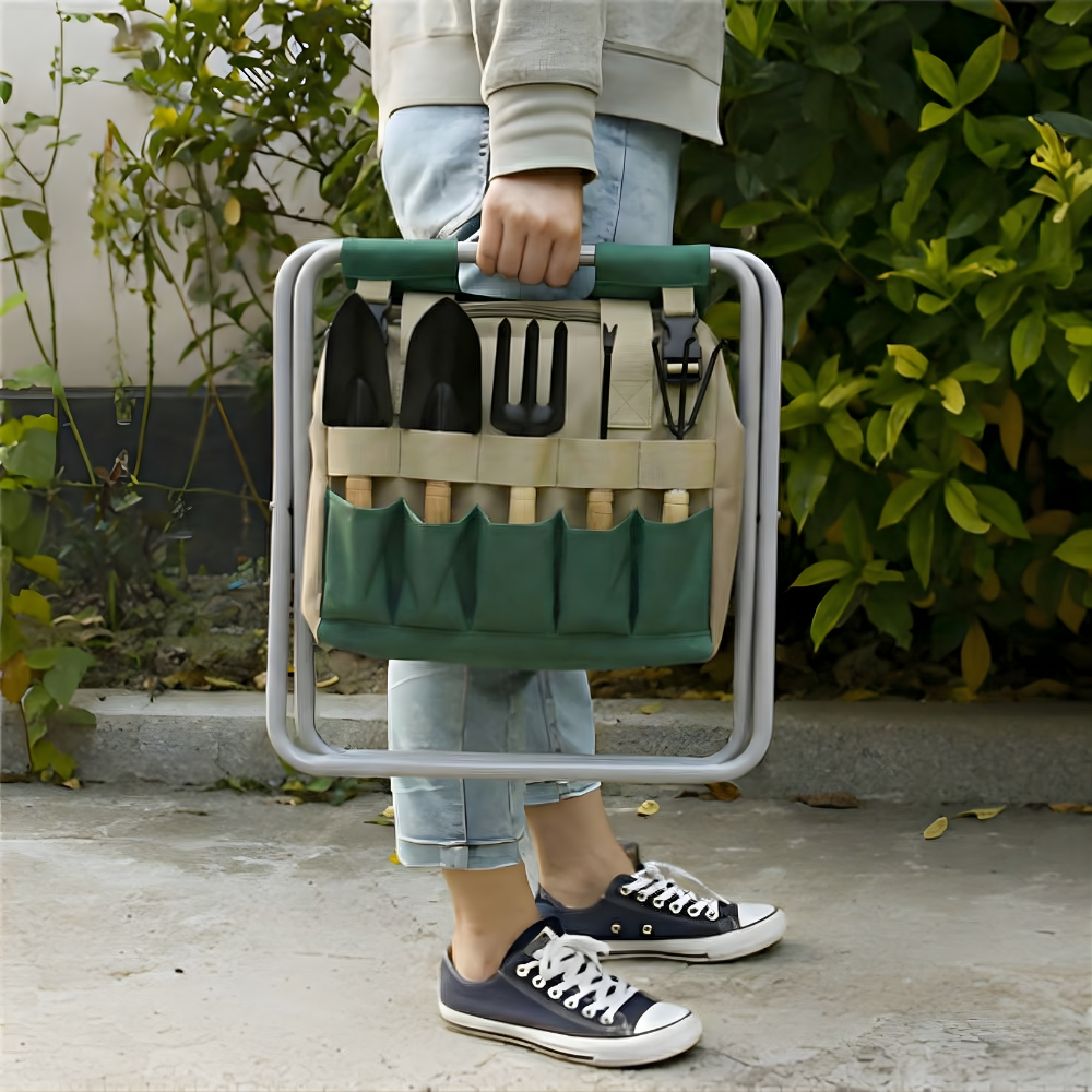 Gartenwerkzeug Set 6-teilig mit Klapphocker & Tragetasche - Gartensitz mit Handgeräten