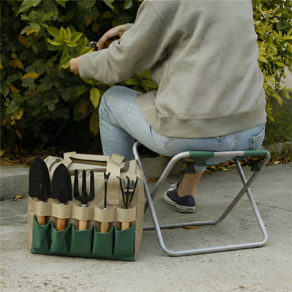 Gartenwerkzeug Set 6-teilig mit Klapphocker & Tragetasche - Gartensitz mit Handgeräten