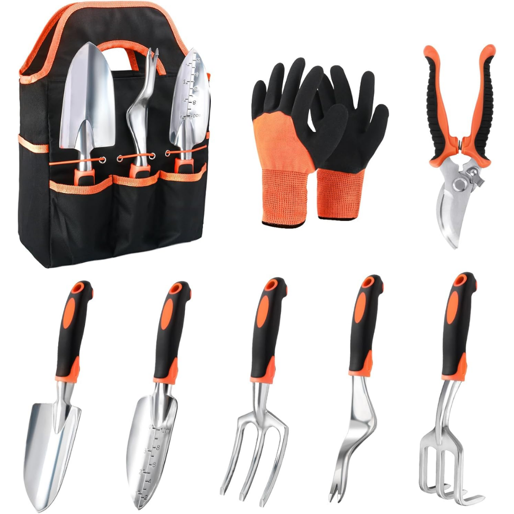 Gartenwerkzeug Set 8-teilig – Alu Handwerkzeug mit Tasche, Handschuhen & Sprühflasche für Gartenarbeit