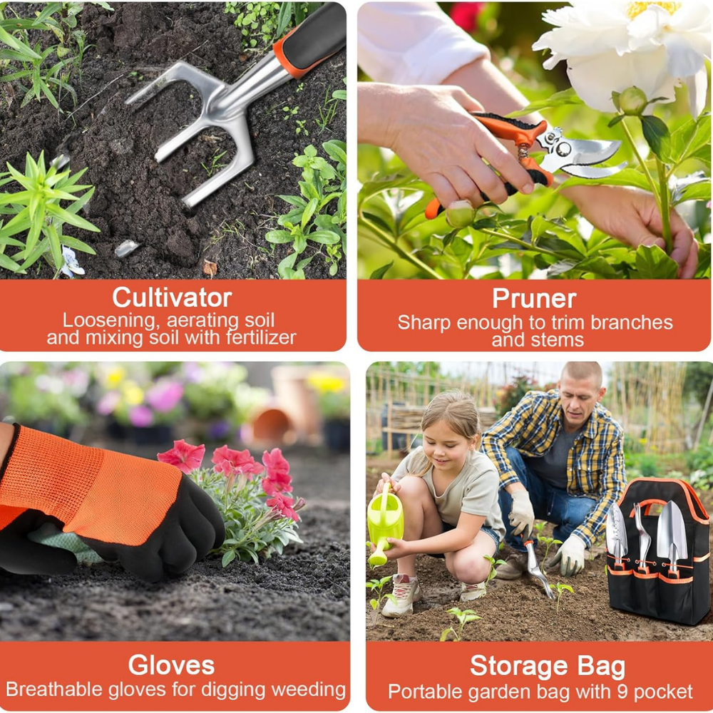 Gartenwerkzeug Set 8-teilig – Alu Handwerkzeug mit Tasche, Handschuhen & Sprühflasche für Gartenarbeit