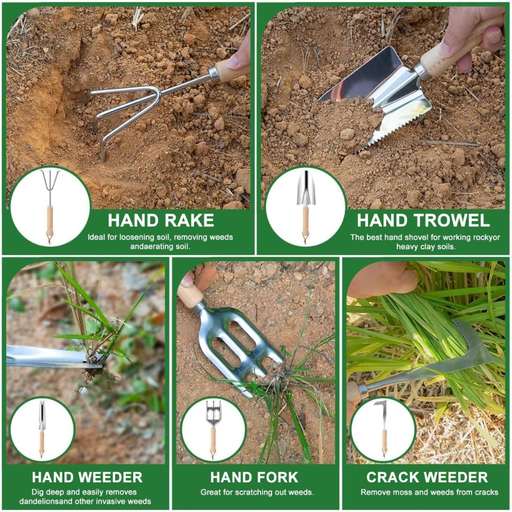 Gartenwerkzeug Set 9-teilig – Edelstahl Handwerkzeug mit Holzgriff, Tasche, Handschuhen & Sprühflasche für Gartenarbeit