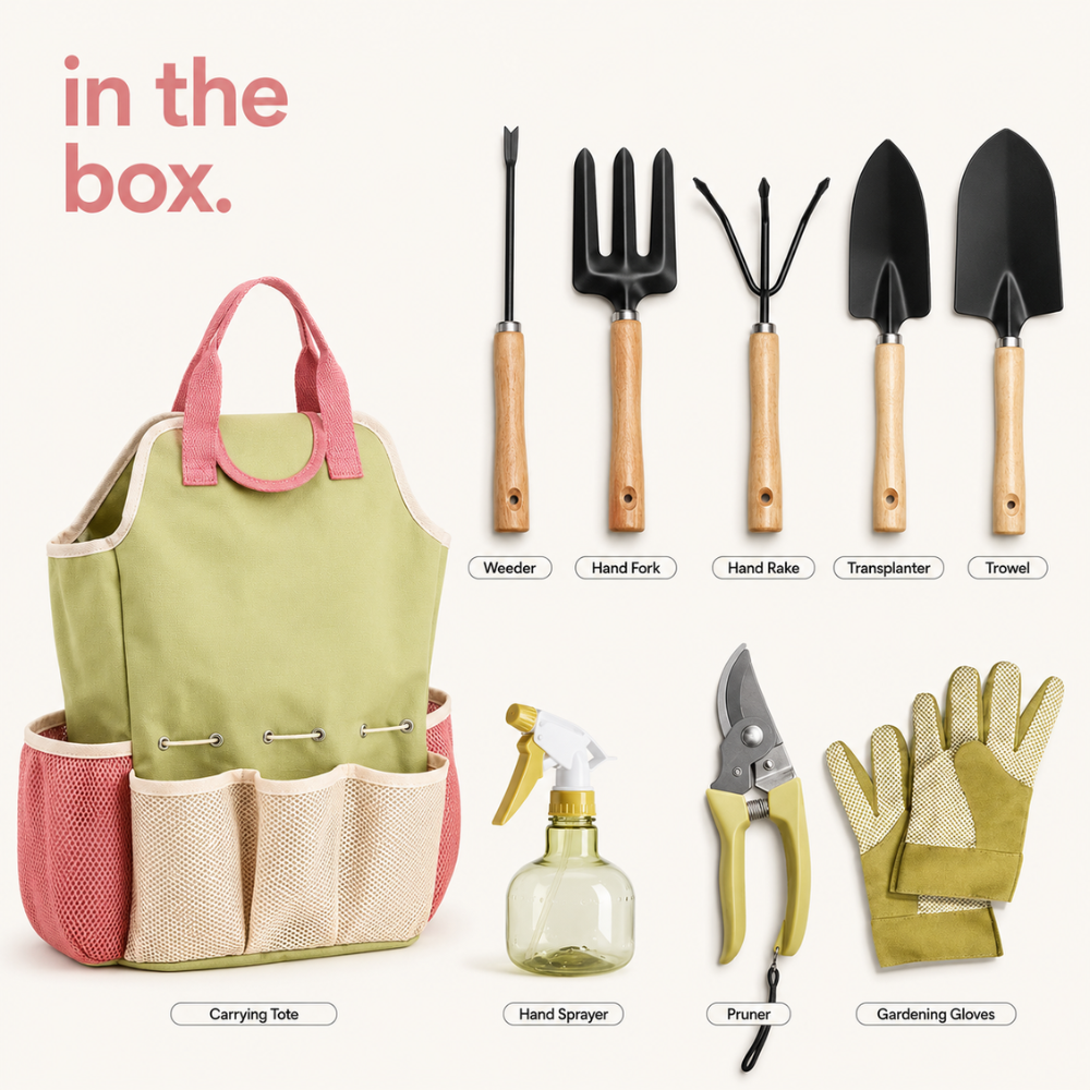 Gartenwerkzeug Set 9-teilig – Garten Handwerkzeug mit Tasche, Handschuhen & Sprühflasche für Pflanzenpflege