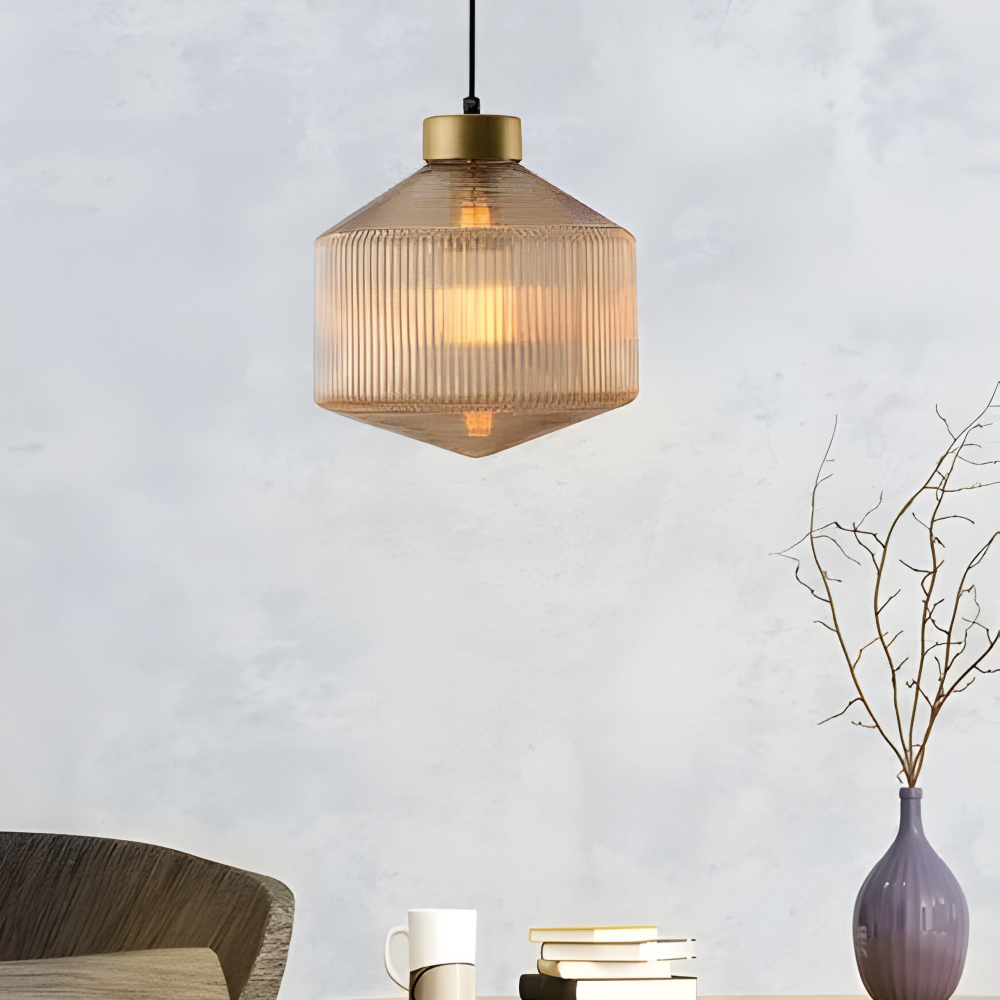 GeomGlass Pendelleuchte - Vintage Rauchgrau & Bernstein Gerippte Hängelampe