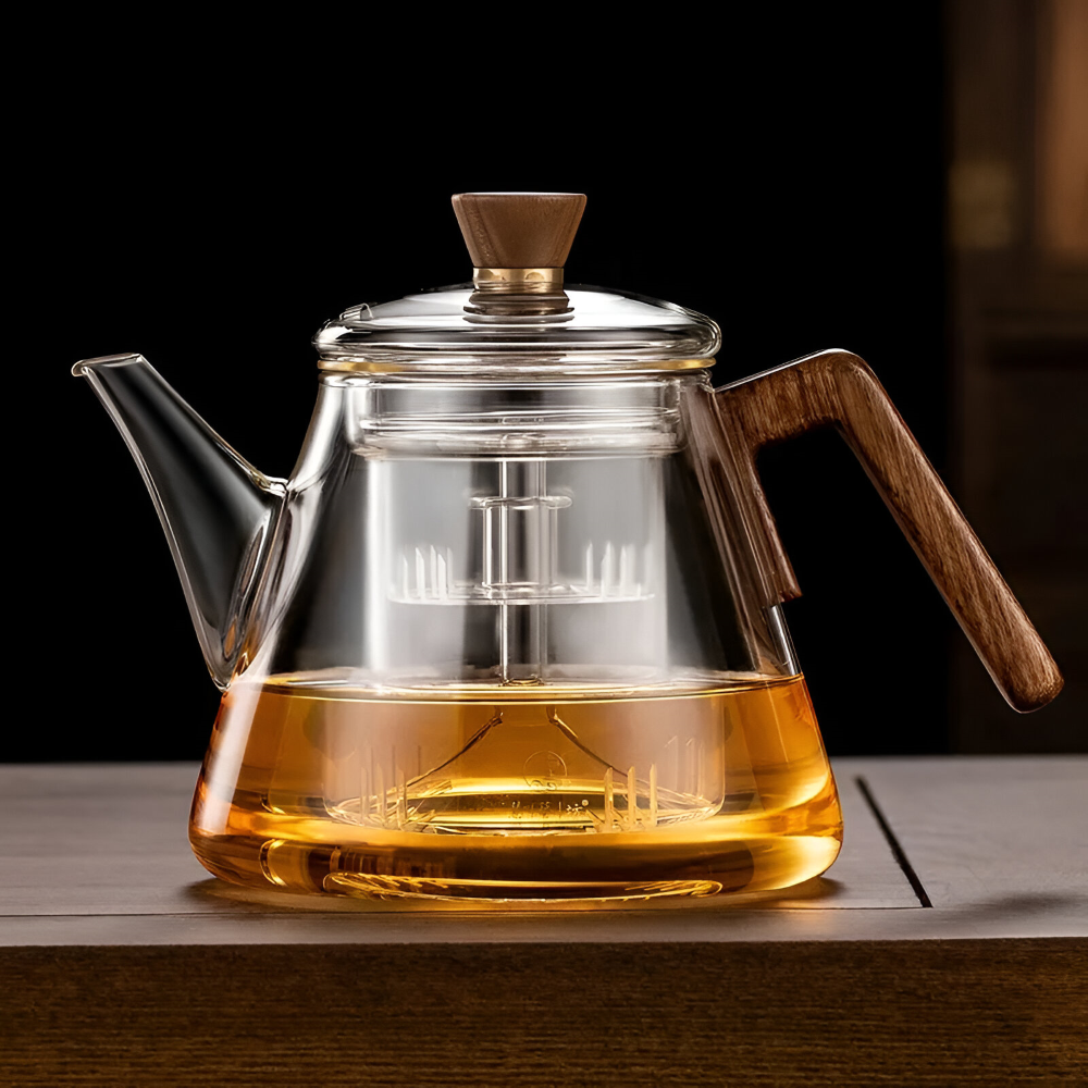 Glas Teekanne 900ml mit Sieb - Borosilikatglas Teezubereiter mit Holzgriff & Deckel