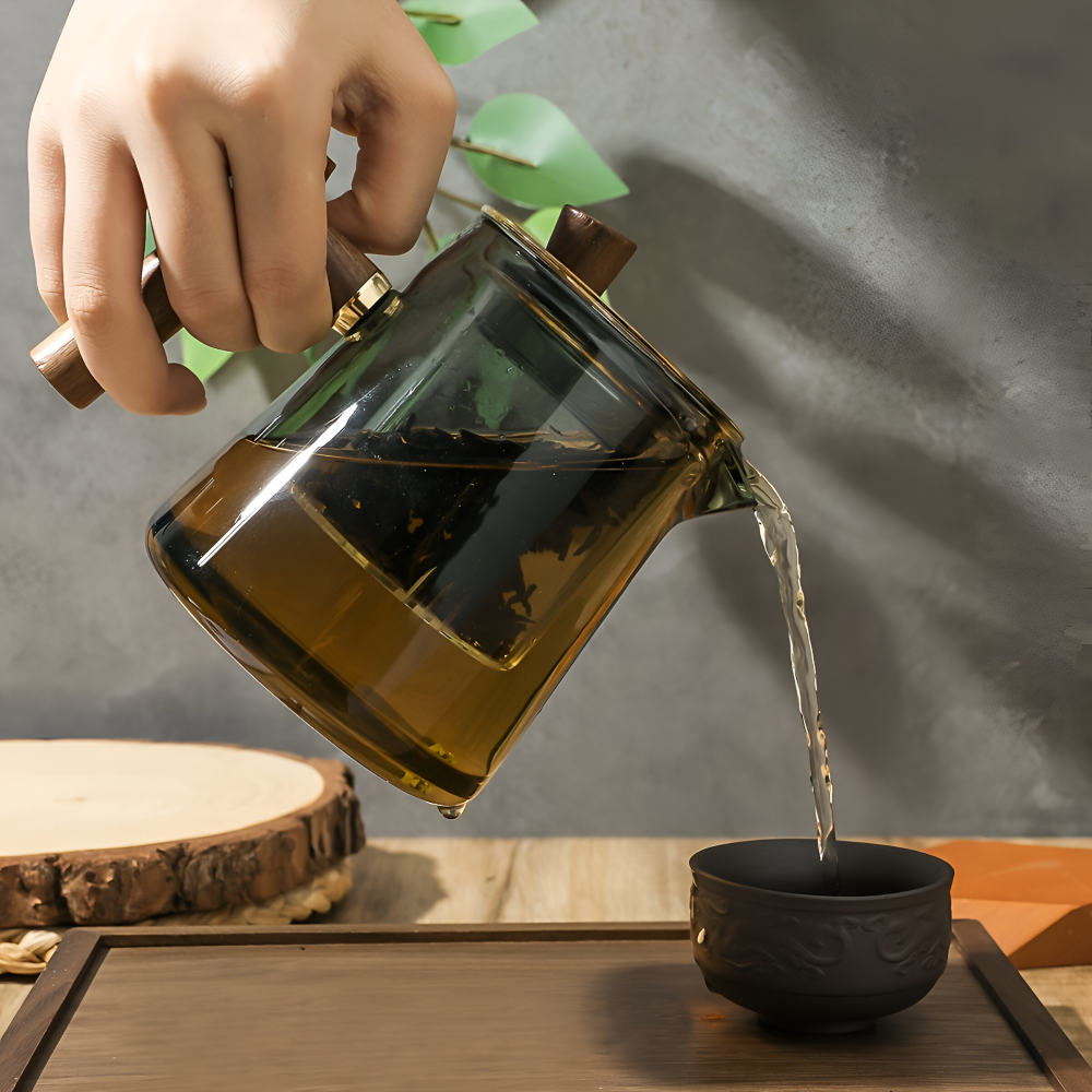 Glas Teekanne mit Sieb & Holzgriff – Teebereiter, 550ml-850ml